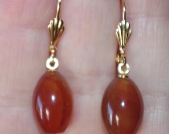 Old Stock Carnelian Oval Lever back Earrings In 14K Gold Filled