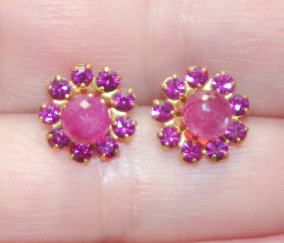Ruby CZ Flower Earring Jackets: 11mm Vintage Stud… - image 7