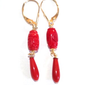 14K Antique carved Oval Red with Italian Red Coral Tear drop Lever back Earrings