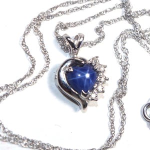 Vintage 10k White Gold Round petite 6MM Rare Triple Star Sapphire & Diamond Heart Pendent with Chain