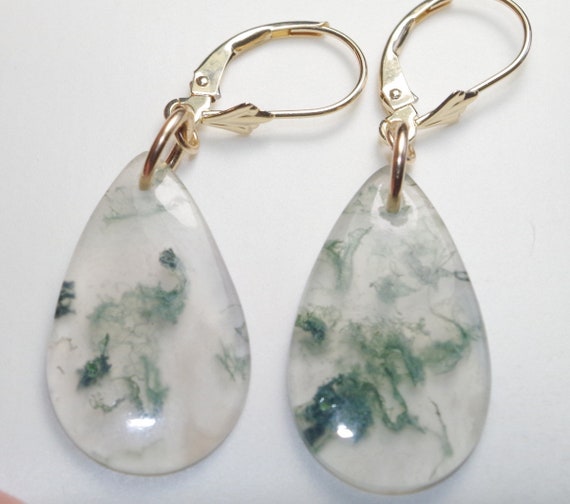 Large Moss Agate Drops, Solid 14k Gold leverback … - image 3