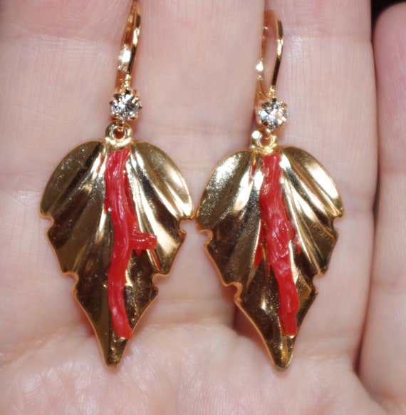 14K GF Italian Red Coral Branch Carved  Leaf CZ Le