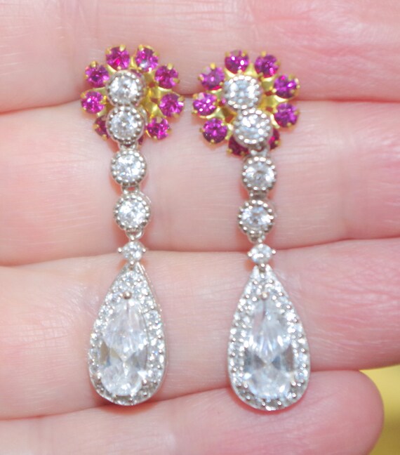 Ruby CZ Flower Earring Jackets: 11mm Vintage Stud… - image 5