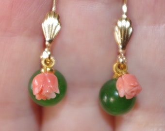 14K GF Angel Skin Coral Carved Rose & Apple Green Jade Leverback Earrings