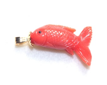 14K Exquisite Carved Red Gold  Fish Chiaka Red  Coral pendent BB