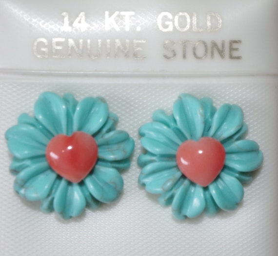 14K Turquoise Carved Flower Jackets With Dome Hea… - image 1