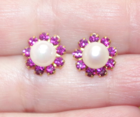 Ruby CZ Flower Earring Jackets: 11mm Vintage Stud… - image 9