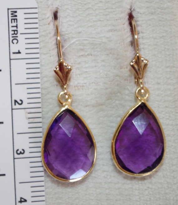 14K Gold Amethyst Teardrop Earrings: Faceted Leve… - image 5