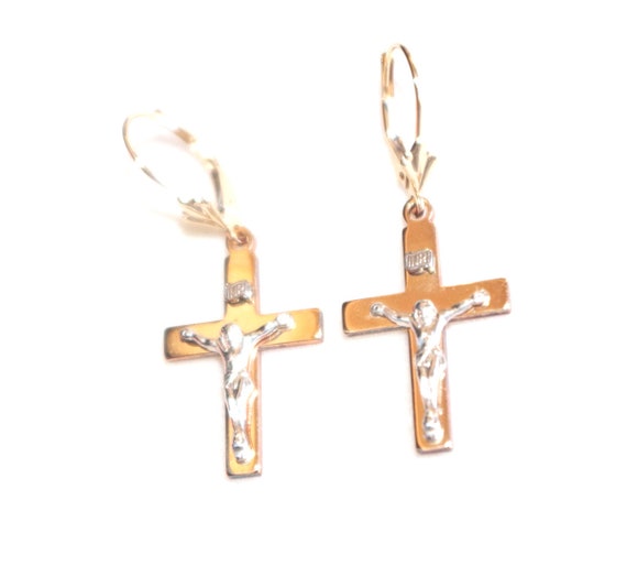 14K Quality Cross With Jesus Lever Back Earrings … - image 4