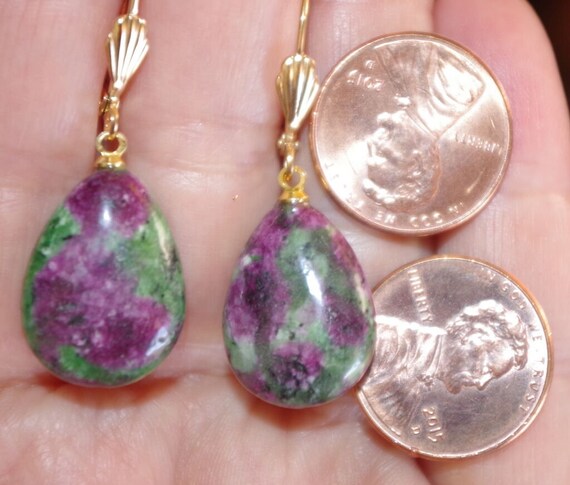 Ruby Zoisite Teardrop Elongated Leverback Earring… - image 2