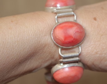 Antique Large  Sterling  Silver  Red Agate Mexican  Bangle Bracelet