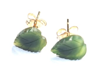 Old Stock 14K GF Small Green Jadeite Jade Carved Leaf Stud Earrings