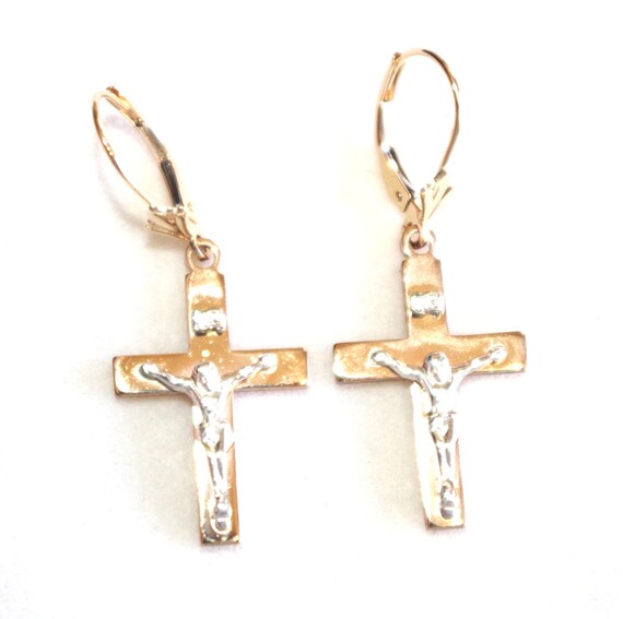 14K Quality Cross With Jesus Lever Back Earrings … - image 3