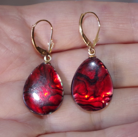 Red Faceted Abalone Shell Tear Drop Lever back Ea… - image 2