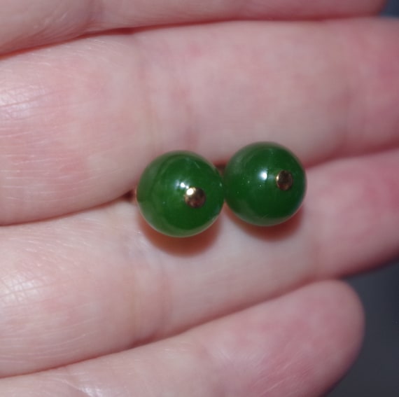 Genuine 14K GF Green Jadeite jade  8MM Round Stud… - image 5