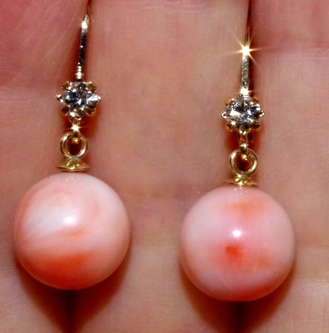 Details about   ANGEL SKIN CORAL DROP 11MM BALL ANTIQUE GORGEOUS 14K GOLD FILL EARRINGS W CZ AA 