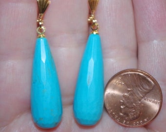 Quality 14K GF 45MM Large Chinese Turquoise Teardrop 25CT Leverback Earrings