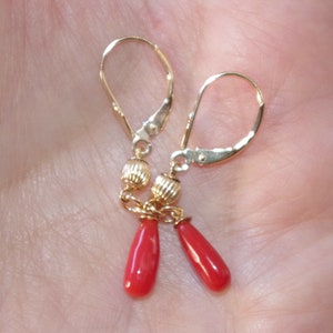 Vintage 14K Undyed 40MM Ox Red Italian Coral Ball Teardrop Leverback Earrings
