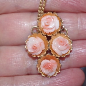 Vintage 14k Gold Filled 17 inches Gorgeous Craved Rose Coral Flower pendent
