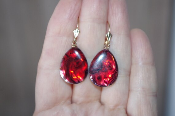 Red Faceted Abalone Shell Tear Drop Lever back Ea… - image 5
