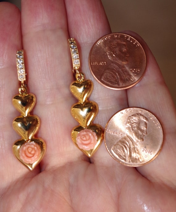 Carved Angel Skin Rose Coral Heart Drop Earrings:… - image 5