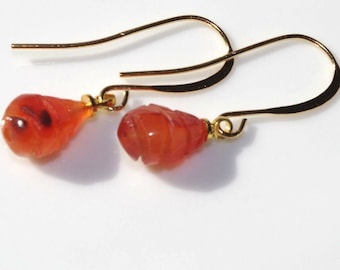 Vintage 14K GF Carved Carnelian Teardrop Earrings: Petite Swirl Design
