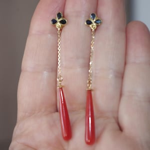 18K solid Exquisite Sapphire & 14K Elongated Red Coral Lever back Earrings