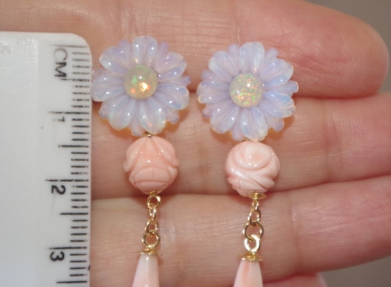 Exquisite 14K Carved Flower Opal Studs & Angel Sk… - image 6