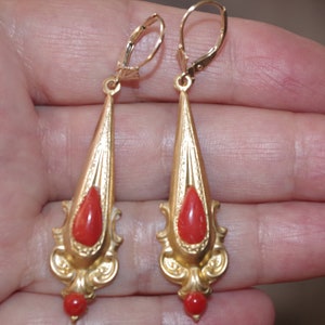 Italy Red  Coral  Antique  14K Fleue  De Lis Lever Back W Elongated  14K GF Drops BBB
