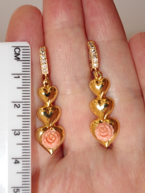 Carved Angel Skin Rose Coral Heart Drop Earrings:… - image 6