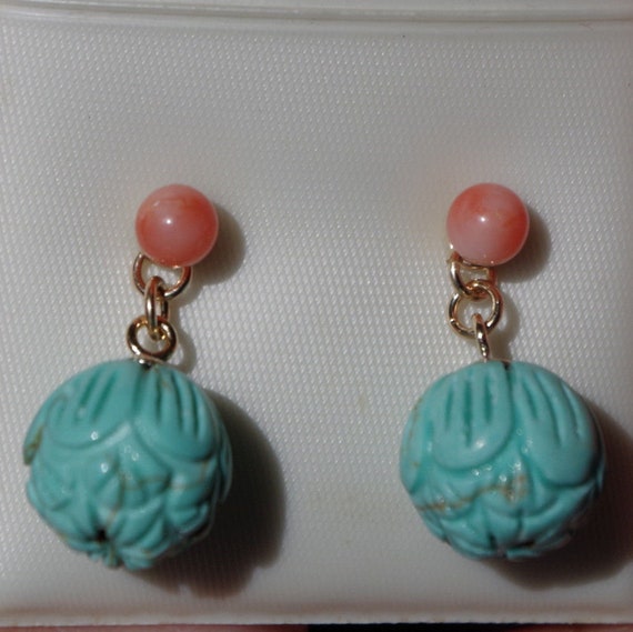 14k Angel Skin Carved Rose Coral Stud Earrings Wi… - image 7