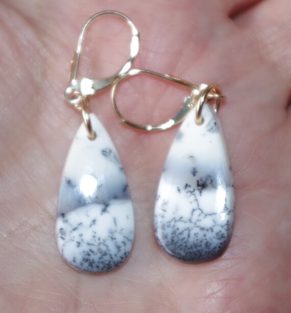 Large Dendrite Opal Drops, Solid 14k Gold lever b… - image 6