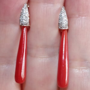 Antique 14K Undyed Red Italian Coral Teardrop W Pave Diamonds Leverback Earrings