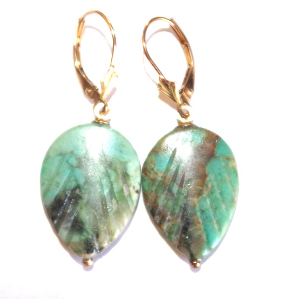 14k Carved Leaf Green Turquoise Lever back Earring