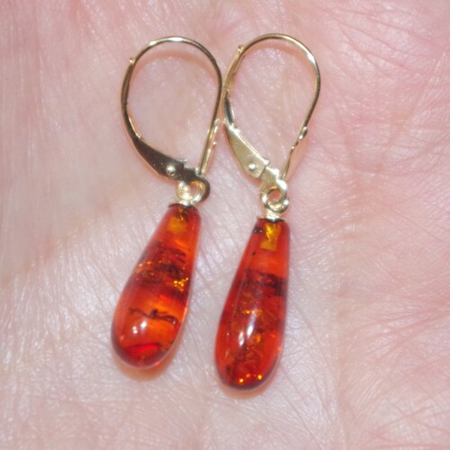 Vintage shops Gorgeous Genuine Petite 14K Amber Teardrop Leverback Earrings
