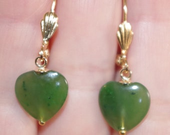 Vintage Genuine 14K GF Green Jadeite Jade Heart Leverback Earrings AA