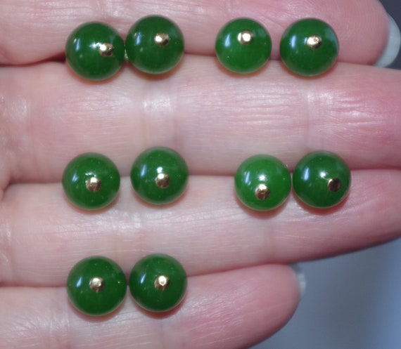 Genuine 14K GF Green Jadeite jade  8MM Round Stud… - image 10