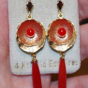 Exquisite 14K & SS Undyed Red Italian Coral Drop Leverback Earrings