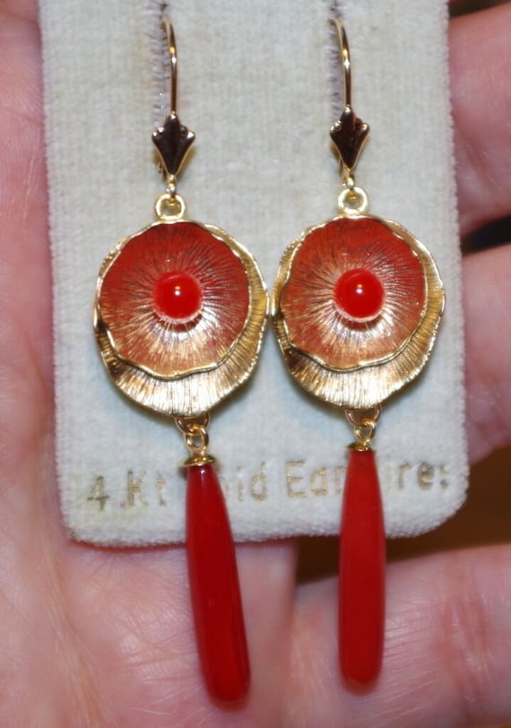 Exquisite 14K & SS Undyed Red Italian Coral Drop L