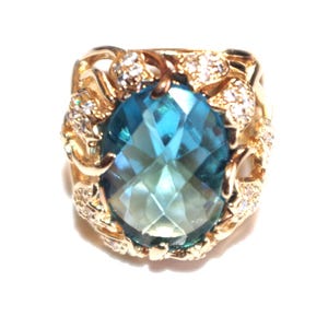 14k Over Sterling Blue Topaz Ring: CZ Vintage Ring, Size 7 1/4