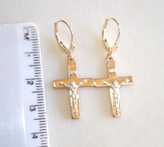 14K Quality Cross With Jesus Lever Back Earrings … - image 5