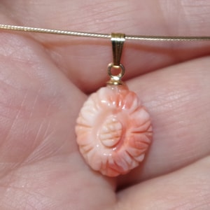14K Carved Coral Top Quality 5.5 Ct Angel Skin Salmon Two Sided Carved Rose Flower Coral pendent