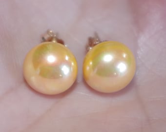 Quality Gold Majorca Pearl Semi Round Dome  Button 10 MM Stud Earrings 14K Gold Filled