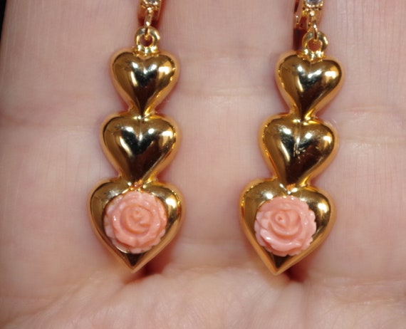 Carved Angel Skin Rose Coral Heart Drop Earrings:… - image 3