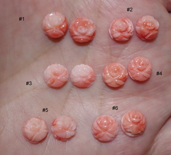 14k Angel Skin Carved Rose Coral Stud Earrings Wi… - image 8