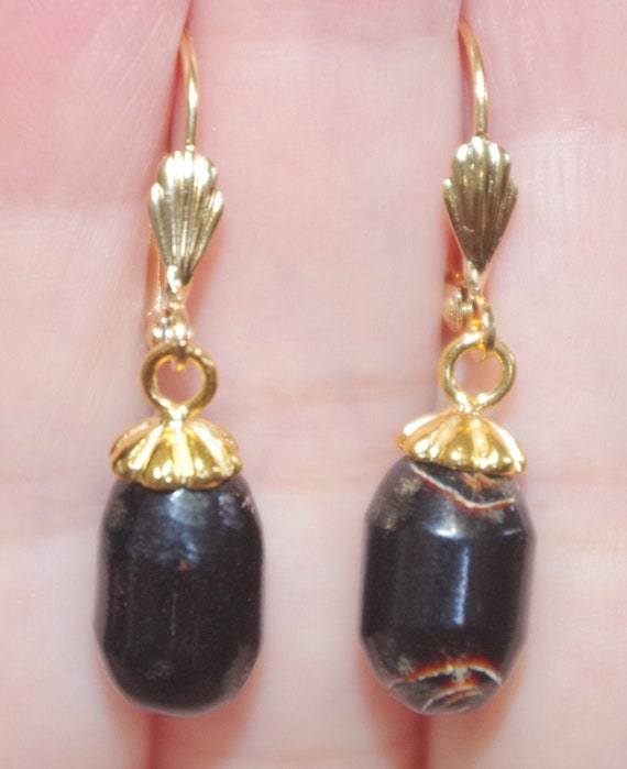 Antique 14K GF Oval Black Coral Leverback Earrings