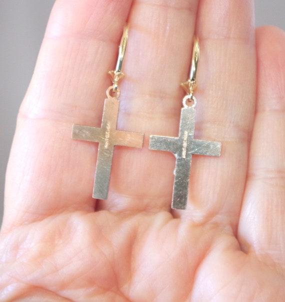 14K Quality Cross With Jesus Lever Back Earrings … - image 2