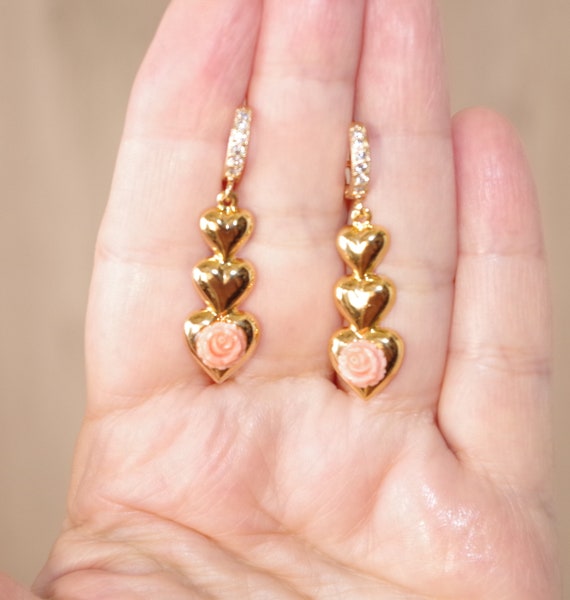 Carved Angel Skin Rose Coral Heart Drop Earrings:… - image 7