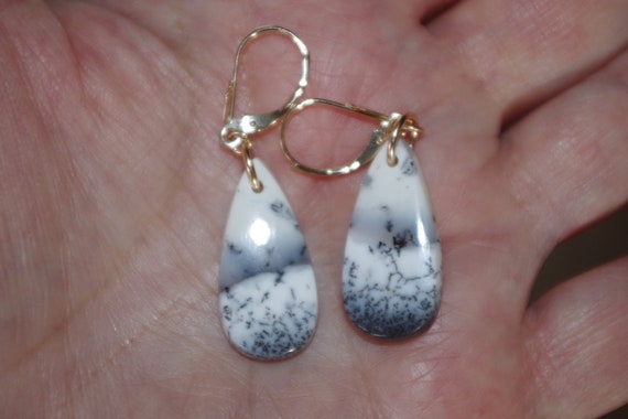 Large Dendrite Opal Drops, Solid 14k Gold lever b… - image 7