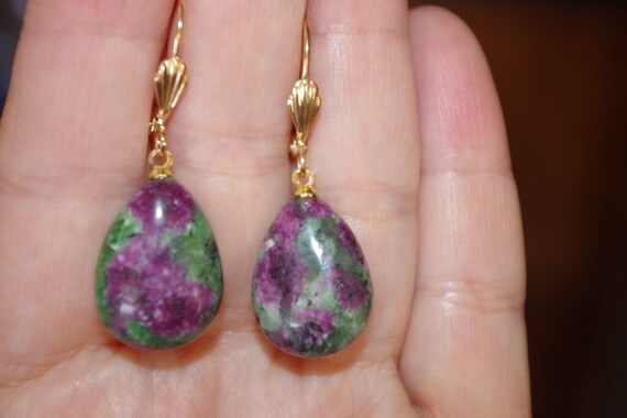 Ruby Zoisite Teardrop Elongated Leverback Earring… - image 4